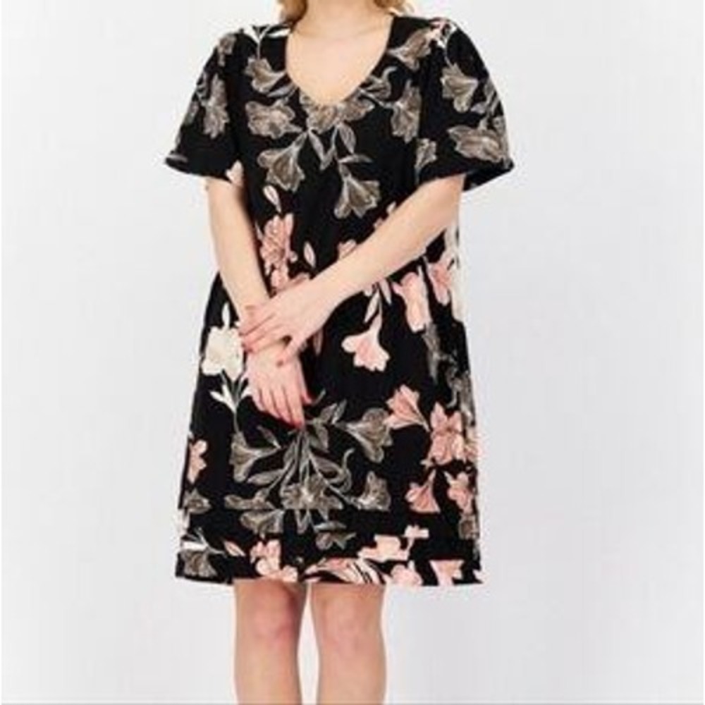 Nicole Miller Linen Blend Floral Dress Black Pink V-Neck Layered Hem Large